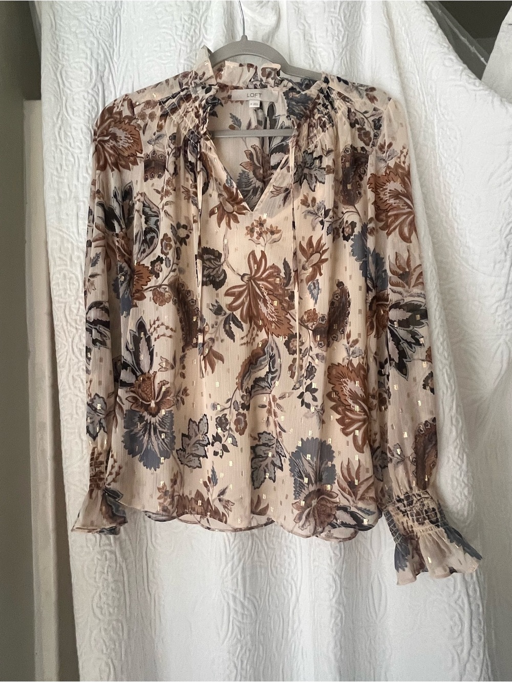 LOFT Cream Floral Metallic-Accent Blouse